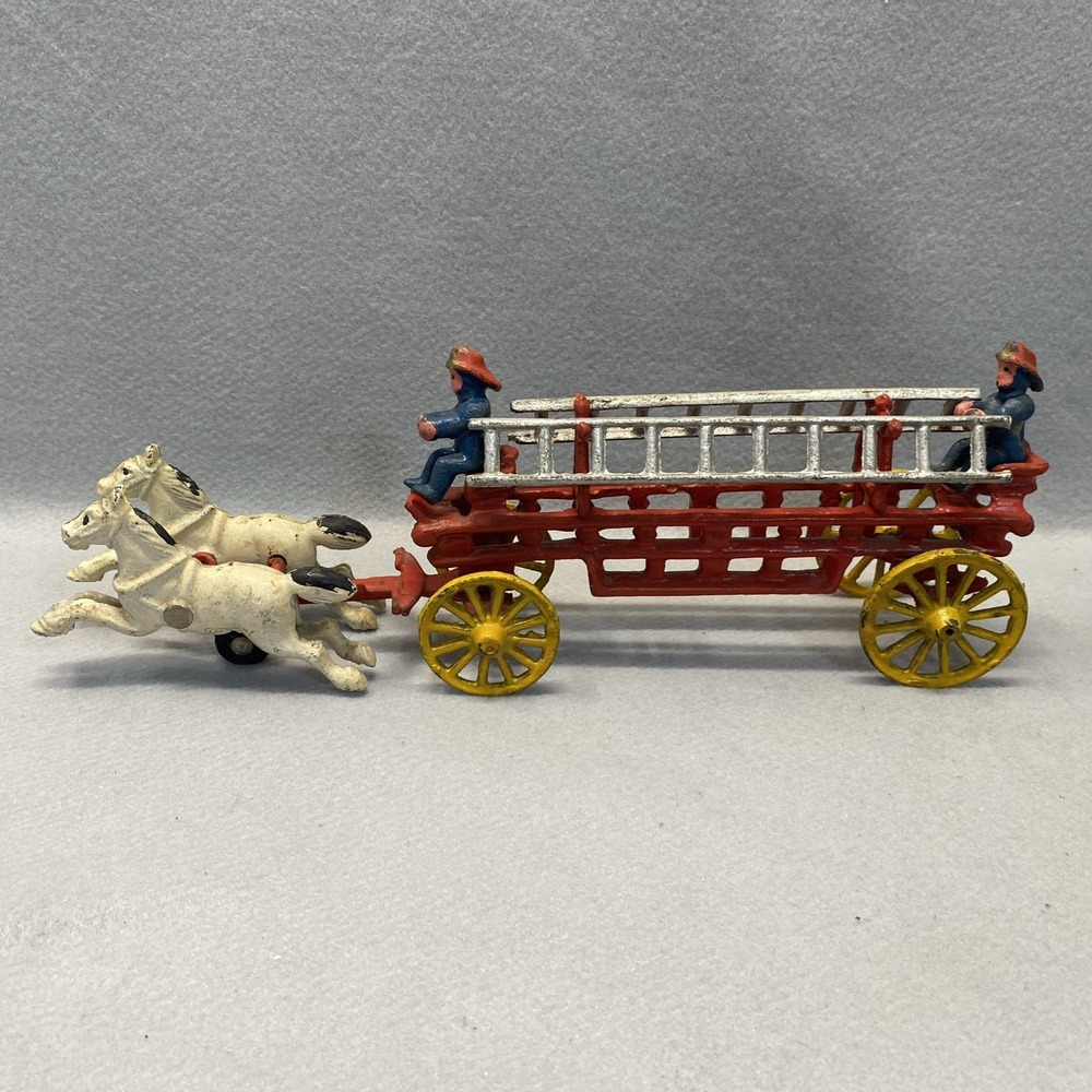 Vtg Cast Iron Two Horse Drawn Hook & Ladder with 2 Firemen Wagon